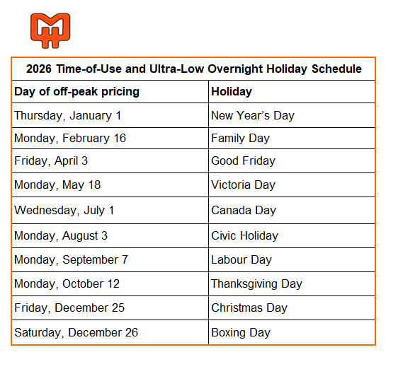 2026 TOU & ULO Holiday Schedule