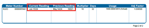 Image showing where Current Reading Date and Previous Reading Date can be found on bill.